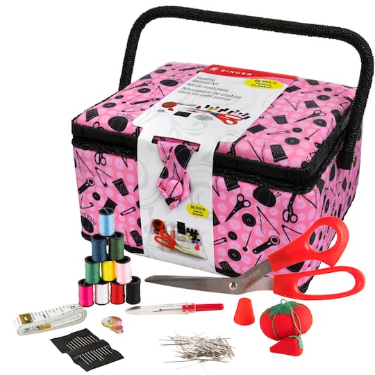 SINGER&#xAE; Pink &#x26; Black Notions Pattern Sewing Basket Kit